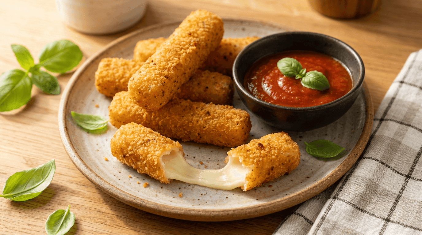 Crispy golden air fryer mozzarella sticks on a plate with marinara dipping sauce