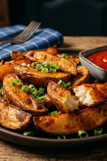 Golden crispy air fryer potato wedges garnished with green onions on a dark plate with ketchup dipping sauce