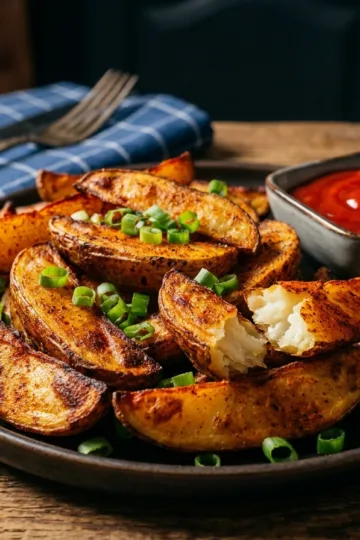 Golden crispy air fryer potato wedges garnished with green onions on a dark plate with ketchup dipping sauce
