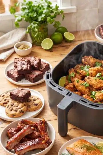 Golden crispy air fryer chicken wings in the basket surrounded by air fried tostones, ribs, whole chicken, pork belly, steak, and more — Kelvin's Kitchen air fryer recipes.