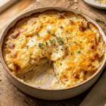 Air Fryer Scalloped Potatoes (Creamy, Cheesy, and Easy!) Air fryer scalloped potatoes with golden brown bubbly cheese on top in a round baking dish