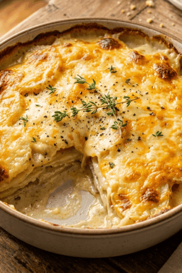 Air fryer scalloped potatoes with golden brown bubbly cheese on top in a round baking dish