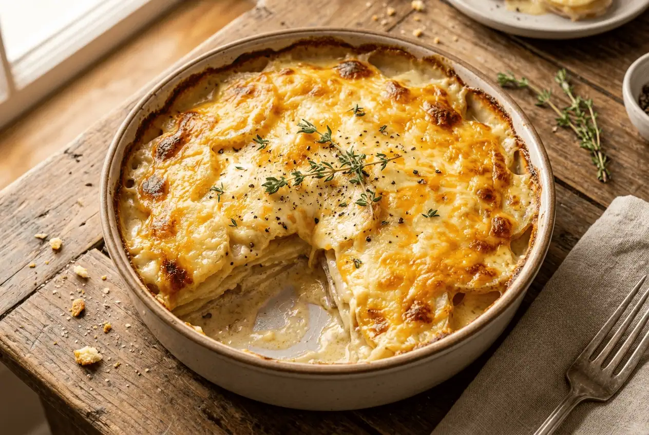 Air fryer scalloped potatoes with golden brown bubbly cheese on top in a round baking dish