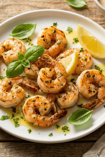 Juicy air fryer shrimp seasoned with fresh basil, garlic, thyme, and lemon juice on a white plate