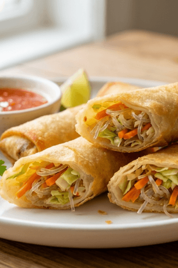 Crispy golden air fryer spring rolls served on a white plate with sweet chili dipping sauce, garnished with cilantro and lime