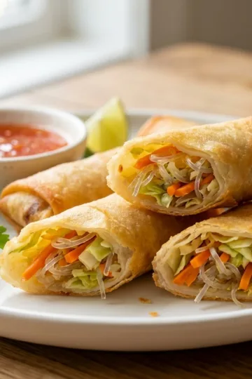 Crispy golden air fryer spring rolls served on a white plate with sweet chili dipping sauce, garnished with cilantro and lime