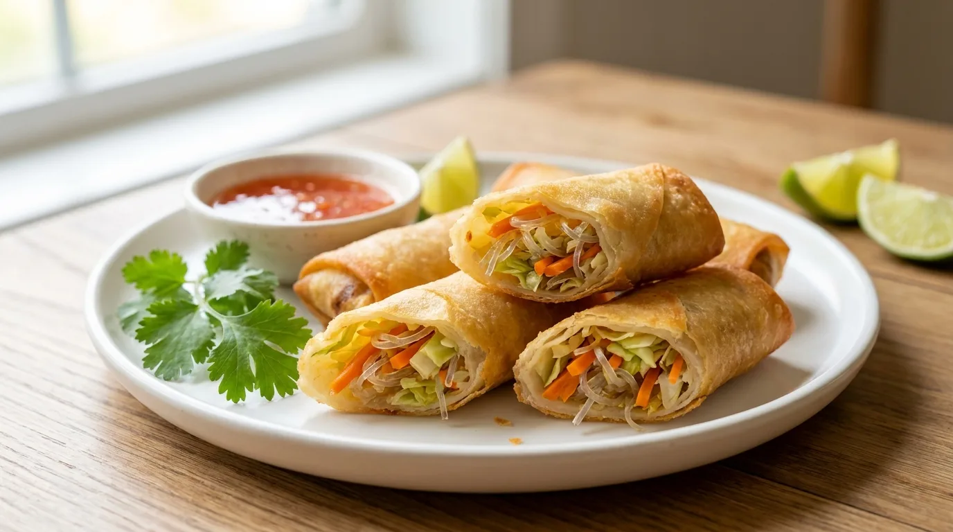 Crispy golden air fryer spring rolls served on a white plate with sweet chili dipping sauce