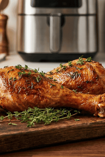 Crispy golden-brown air fryer turkey legs garnished with fresh herbs and lemon wedges on a rustic cutting board