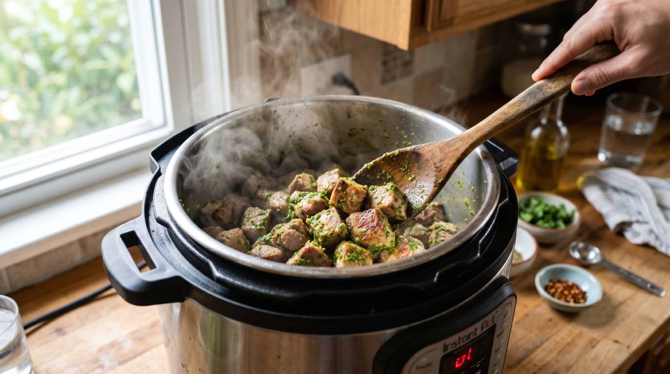 Cubed pork tenderloin sautéing with green Dominican sofrito in the Instant Pot