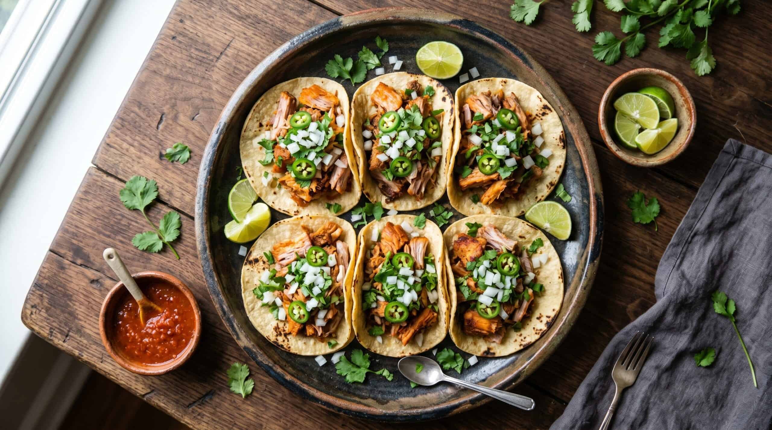 Overhead platter of carnitas street tacos with lime wedges and hot sauce