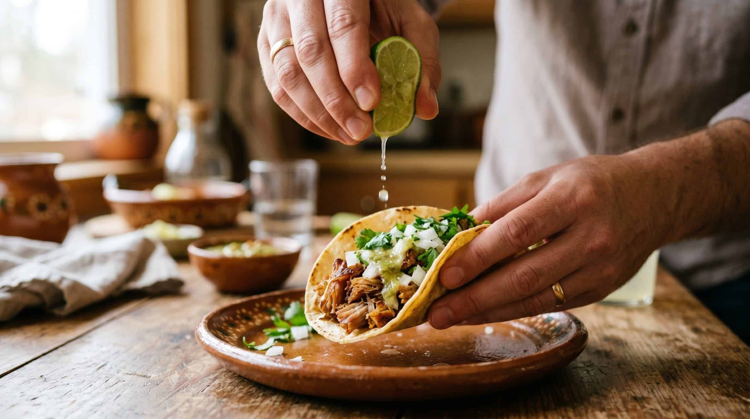 Fresh lime being squeezed over a finished carnitas street taco
