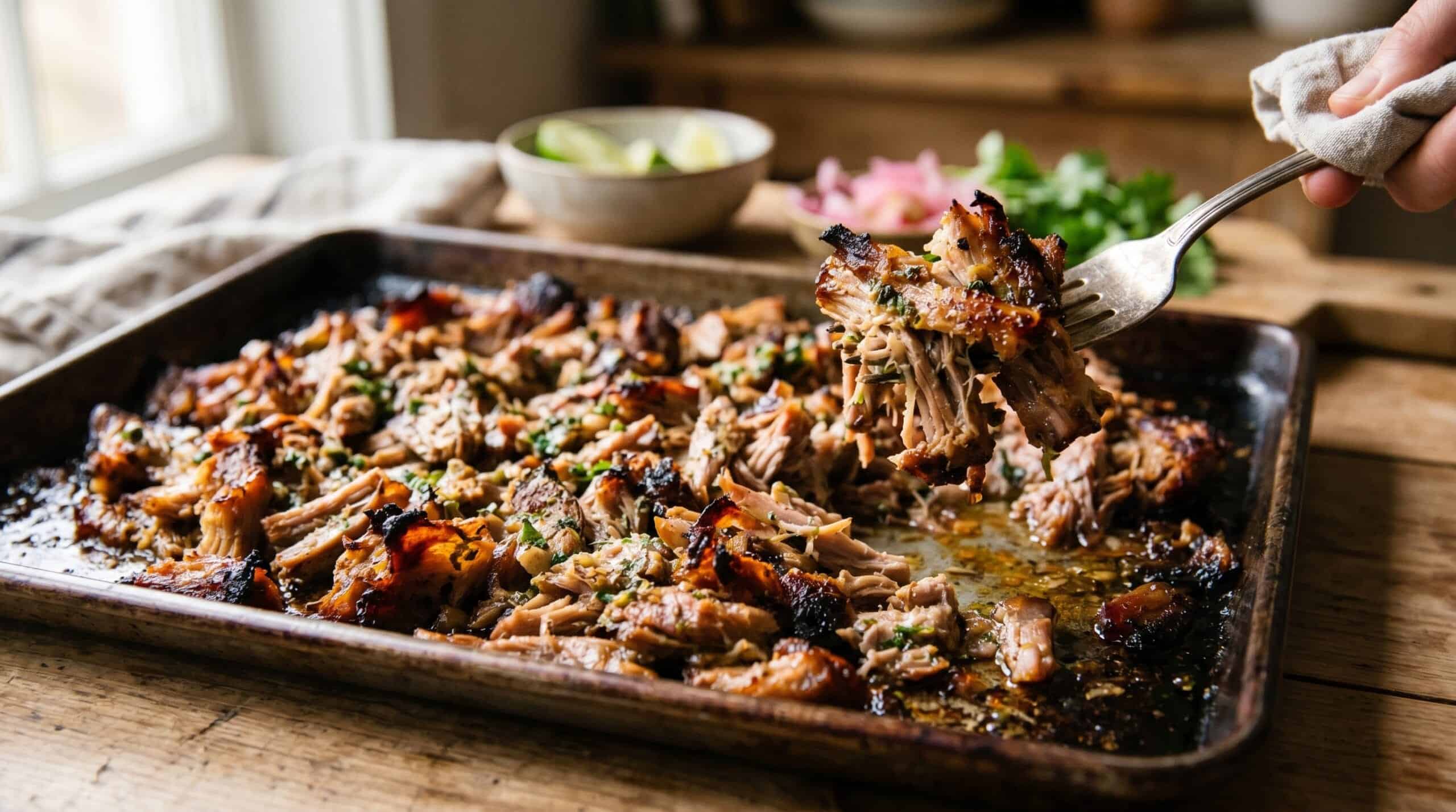 Shredded carnitas with crispy caramelized edges fresh from the broiler