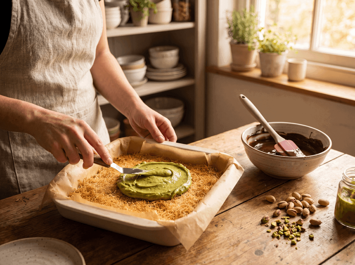 Spreading pistachio cream filling onto crispy kataifi phyllo layer while making homemade Dubai chocolate bars with melted chocolate nearby