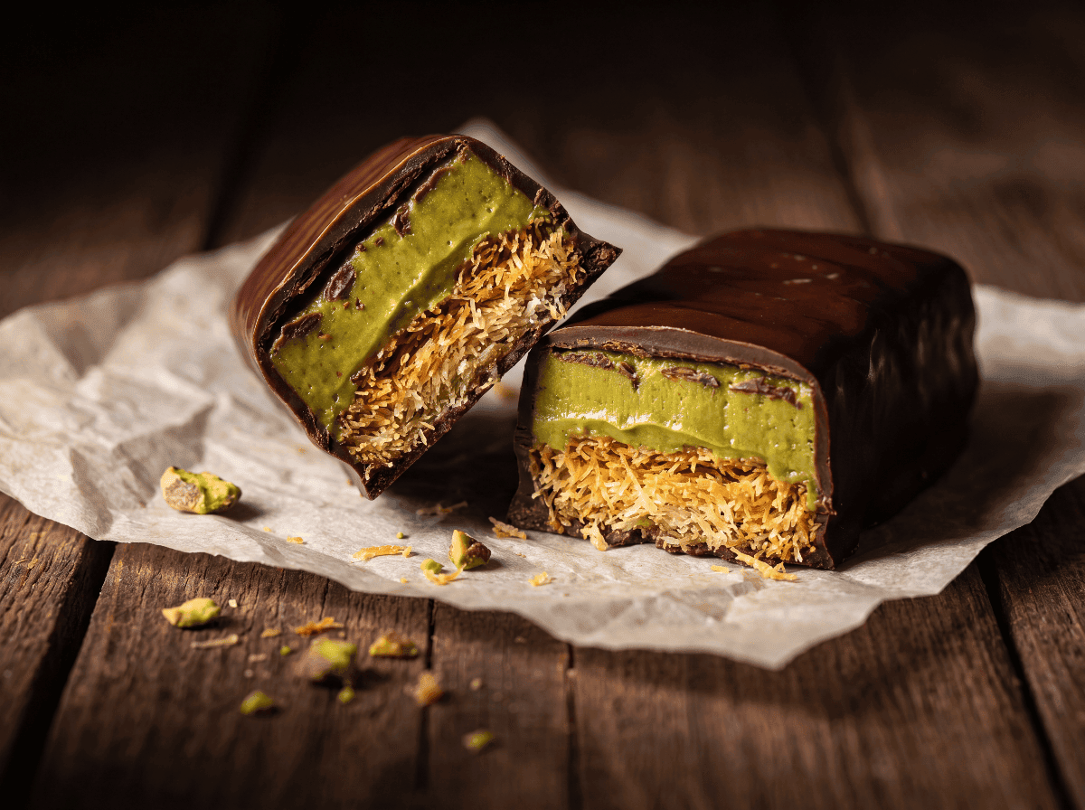 Close-up cross-section of a homemade Dubai chocolate bar showing layers of dark chocolate shell pistachio cream filling and crispy kataifi phyllo