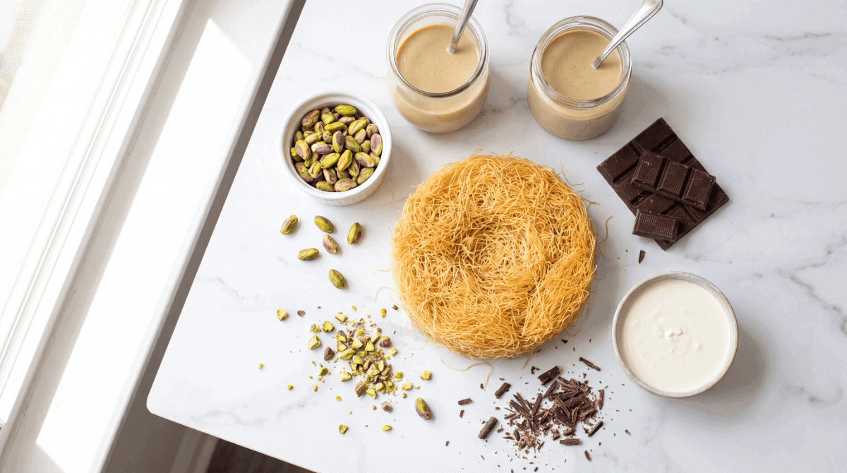 Dubai chocolate bar ingredients laid out on a marble surface including kataifi shredded phyllo pistachios tahini dark chocolate and heavy cream