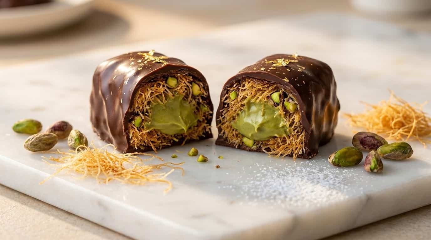 Dubai chocolate bar cross-section showing layers of dark chocolate, crispy kataifi pastry, and pistachio cream filling