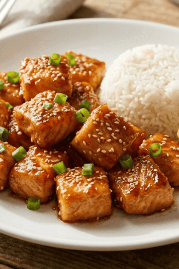 Honey garlic salmon bites in an air fryer basket, golden brown with sticky glaze, garnished with sesame seeds and green onions