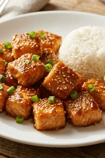 Honey garlic salmon bites in an air fryer basket, golden brown with sticky glaze, garnished with sesame seeds and green onions