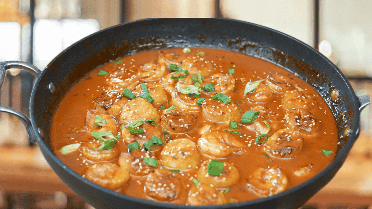 Spicy gochujang scallops and shrimp simmering in a creamy red sauce, topped with sesame seeds and green onion, in a skillet