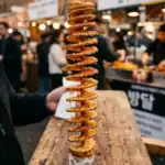 Tornado potato on a skewer, crispy spiral-cut deep-fried potato