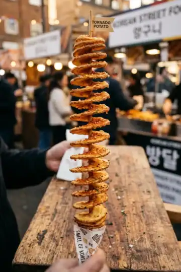 Tornado potato on a skewer, crispy spiral-cut deep-fried potato
