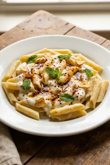 Turkish yogurt pasta with browned butter served in a bowl