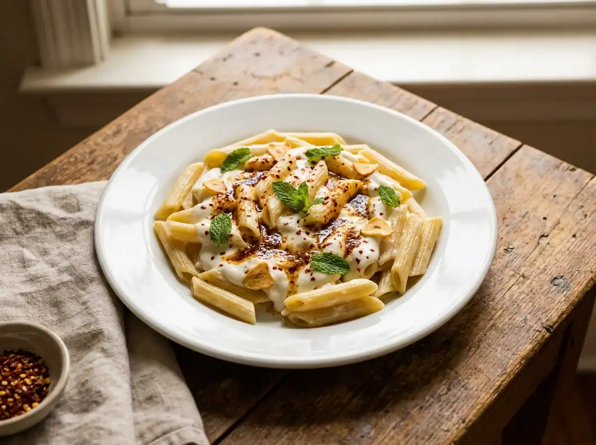 Turkish yogurt pasta with browned butter served in a bowl
