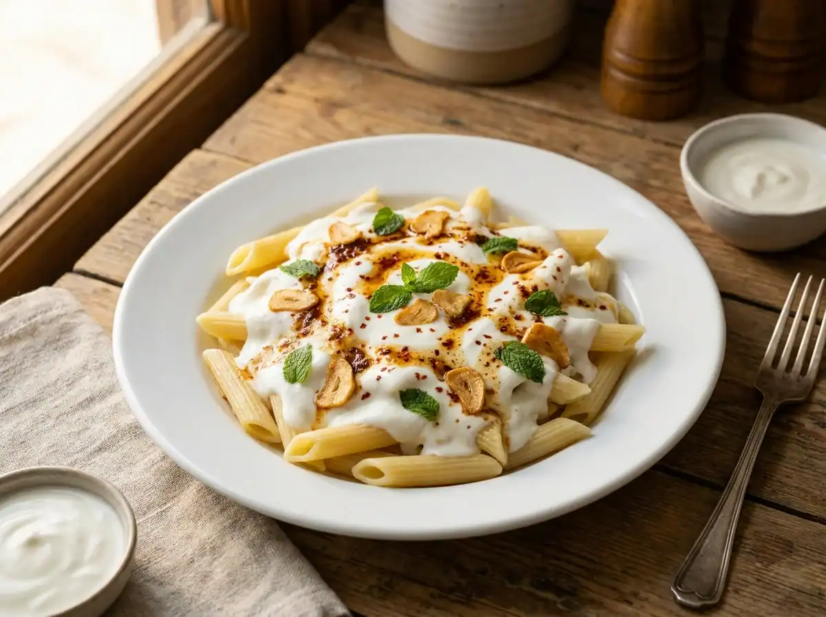 Overhead view of Turkish yogurt butter pasta dish