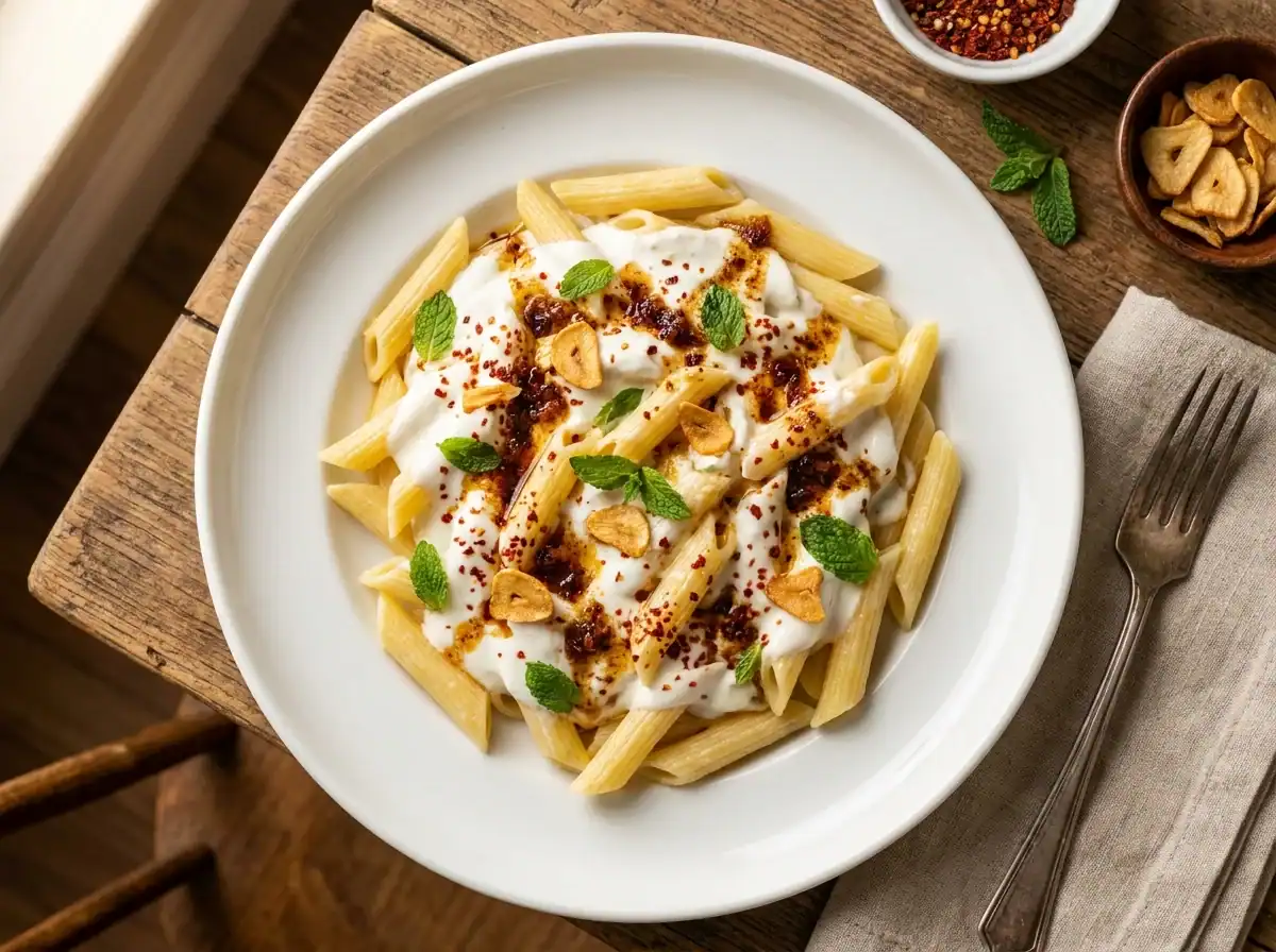 Plated Turkish yogurt pasta with crispy toppings